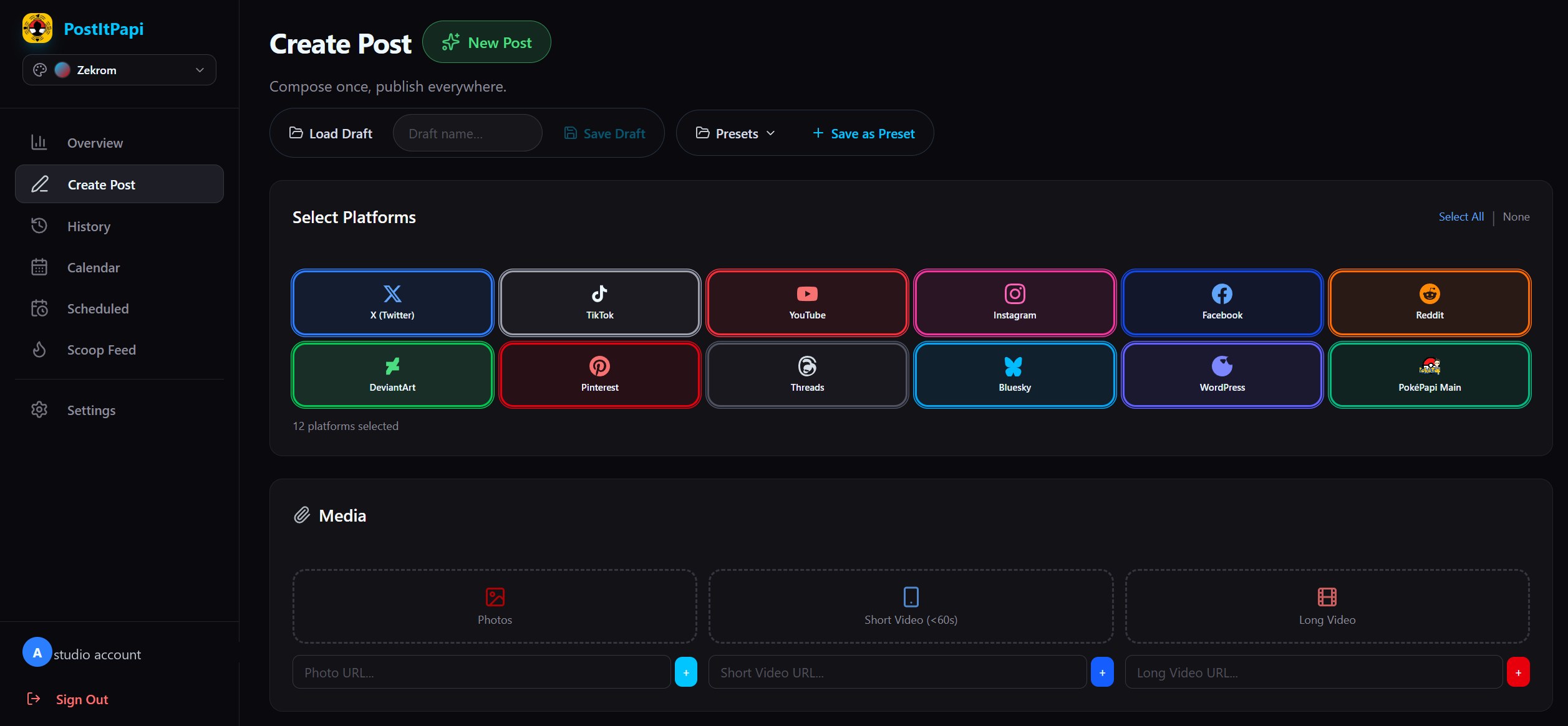 The PostItPapi composer, showing twelve social platforms selected for a single post and media attachment slots.