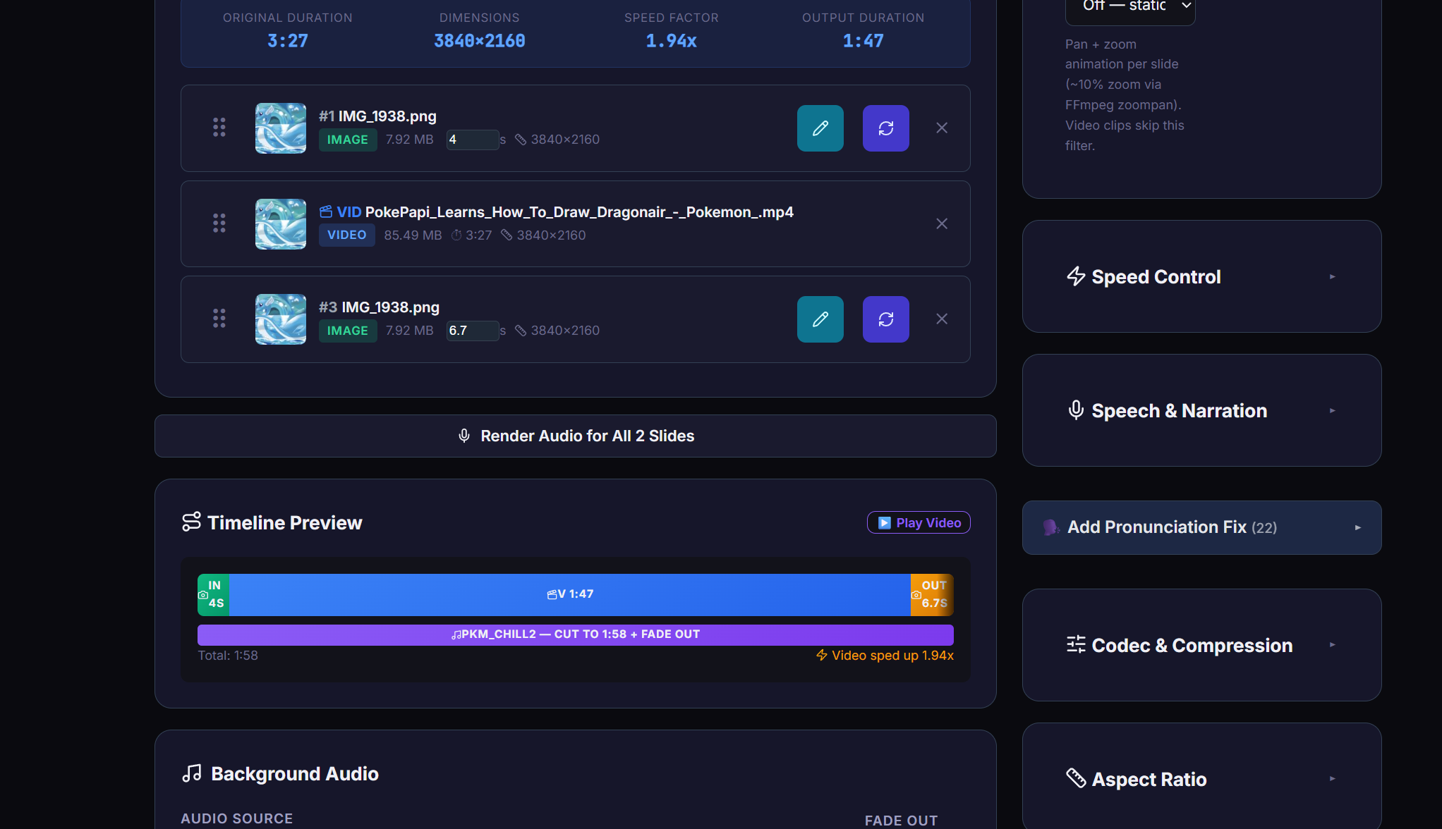 The VideoPapi timeline, showing clip durations, a speed factor, a rendered timeline preview and background audio settings.